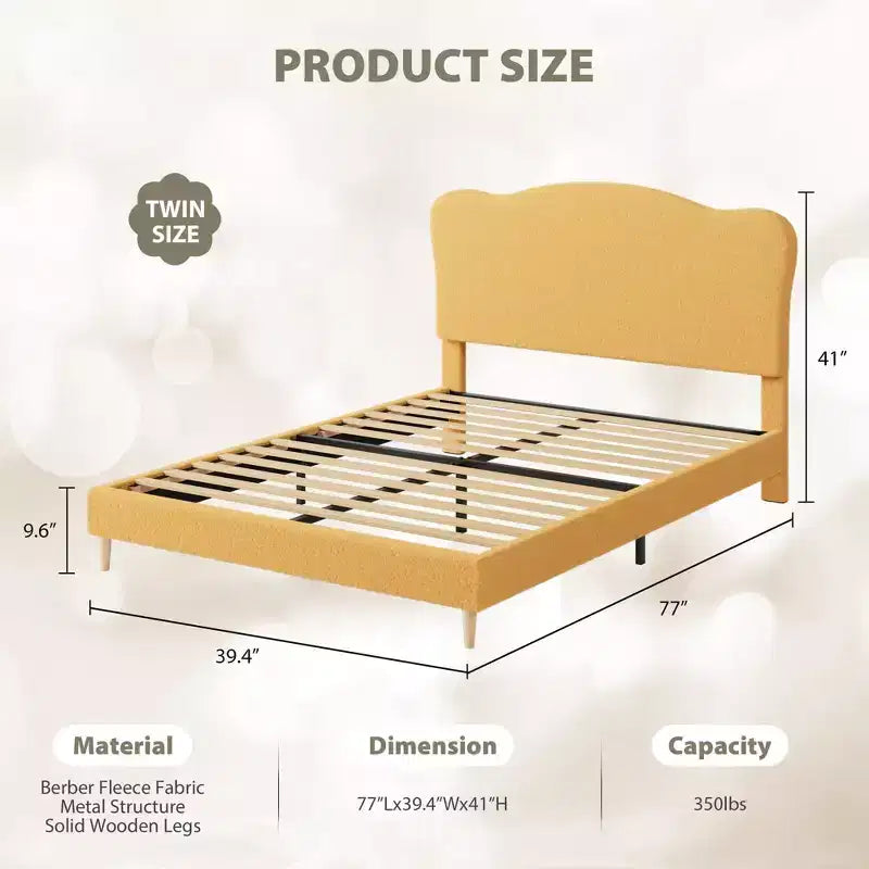 Cadre de lit double rembourré pour enfants avec tête de lit festonnée, lit double mignon en velours pour filles, garçons, lit plateforme robuste, pas besoin de sommier tapissier
