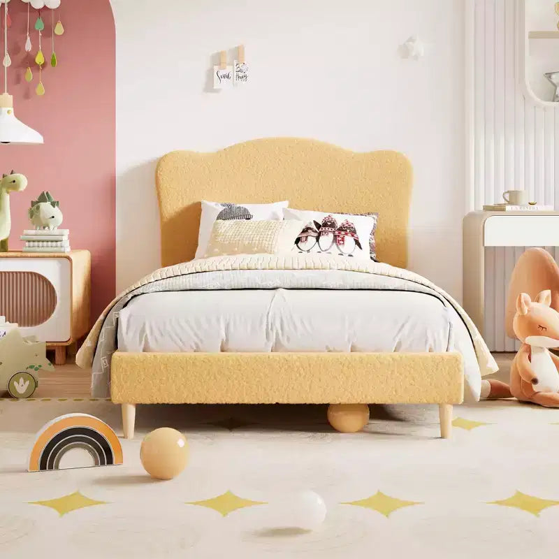 Cadre de lit double rembourré pour enfants avec tête de lit festonnée, lit double mignon en velours pour filles, garçons, lit plateforme robuste, pas besoin de sommier tapissier