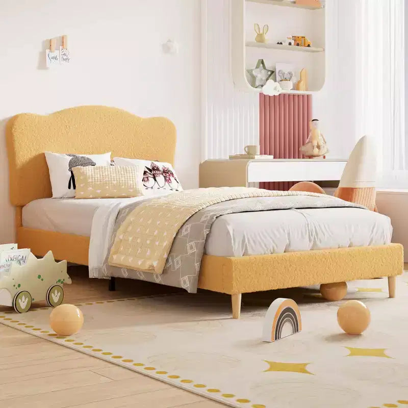 Cadre de lit double rembourré pour enfants avec tête de lit festonnée, lit double mignon en velours pour filles, garçons, lit plateforme robuste, pas besoin de sommier tapissier