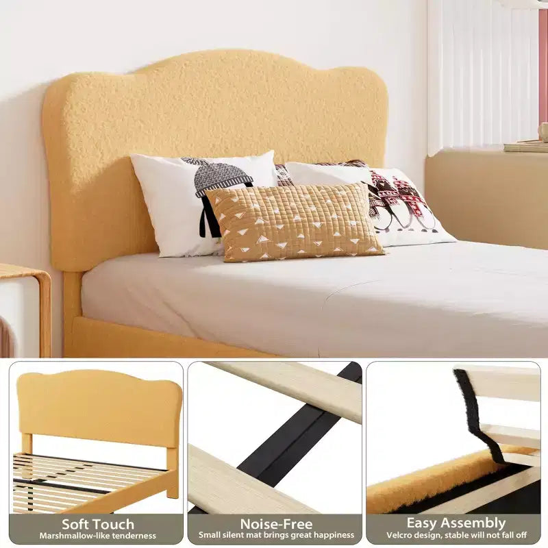 Cadre de lit double rembourré pour enfants avec tête de lit festonnée, lit double mignon en velours pour filles, garçons, lit plateforme robuste, pas besoin de sommier tapissier