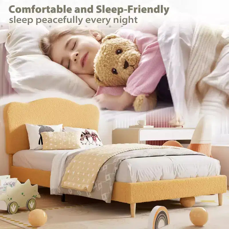 Cadre de lit double rembourré pour enfants avec tête de lit festonnée, lit double mignon en velours pour filles, garçons, lit plateforme robuste, pas besoin de sommier tapissier