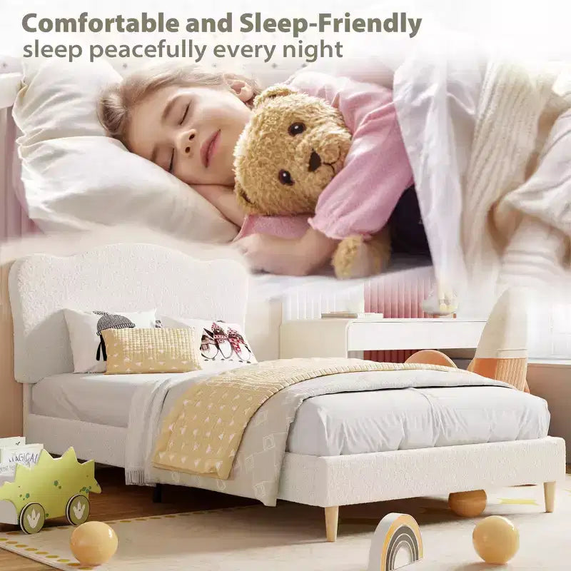 Cadre de lit double rembourré pour enfants avec tête de lit festonnée, lit double mignon en velours pour filles, garçons, lit plateforme robuste, pas besoin de sommier tapissier