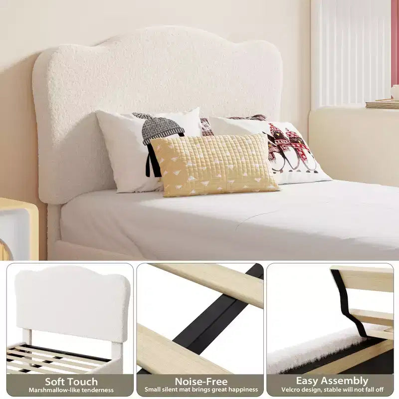 Cadre de lit double rembourré pour enfants avec tête de lit festonnée, lit double mignon en velours pour filles, garçons, lit plateforme robuste, pas besoin de sommier tapissier