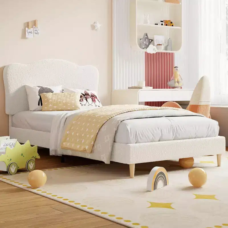 Upholstered Twin Size Bed Frame for Kids with Scallop Headboard, Cute Velvet Twin Bed for Girls, Boys, Sturdy Platform Bed, No Box Spring Needed