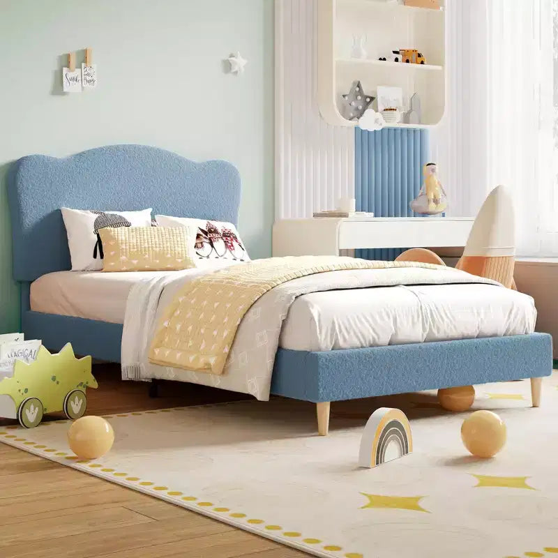 Cadre de lit double rembourré pour enfants avec tête de lit festonnée, lit double mignon en velours pour filles, garçons, lit plateforme robuste, pas besoin de sommier tapissier