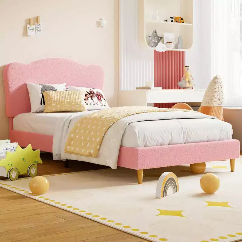 Cadre de lit double rembourré pour enfants avec tête de lit festonnée, lit double mignon en velours pour filles, garçons, lit plateforme robuste, pas besoin de sommier tapissier