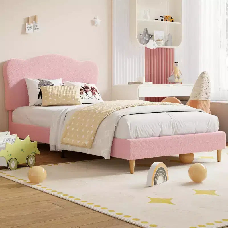Cadre de lit double rembourré pour enfants avec tête de lit festonnée, lit double mignon en velours pour filles, garçons, lit plateforme robuste, pas besoin de sommier tapissier