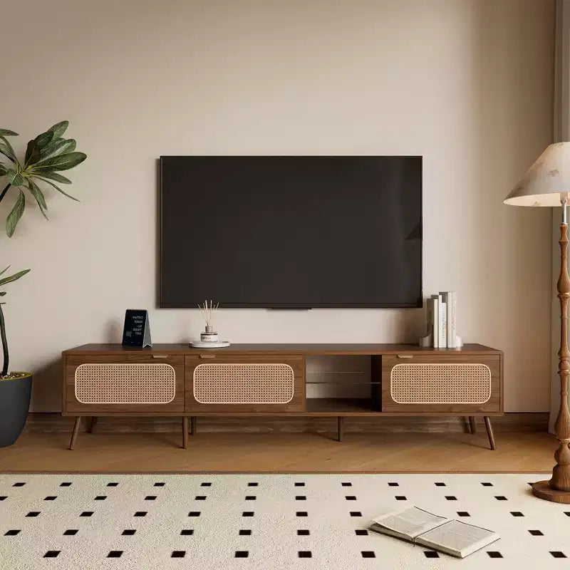 Meuble TV couleur noyer de 198 cm pour téléviseurs de 75/80/85 pouces, meuble de divertissement avec étagère ouverte pour salon et chambre à coucher