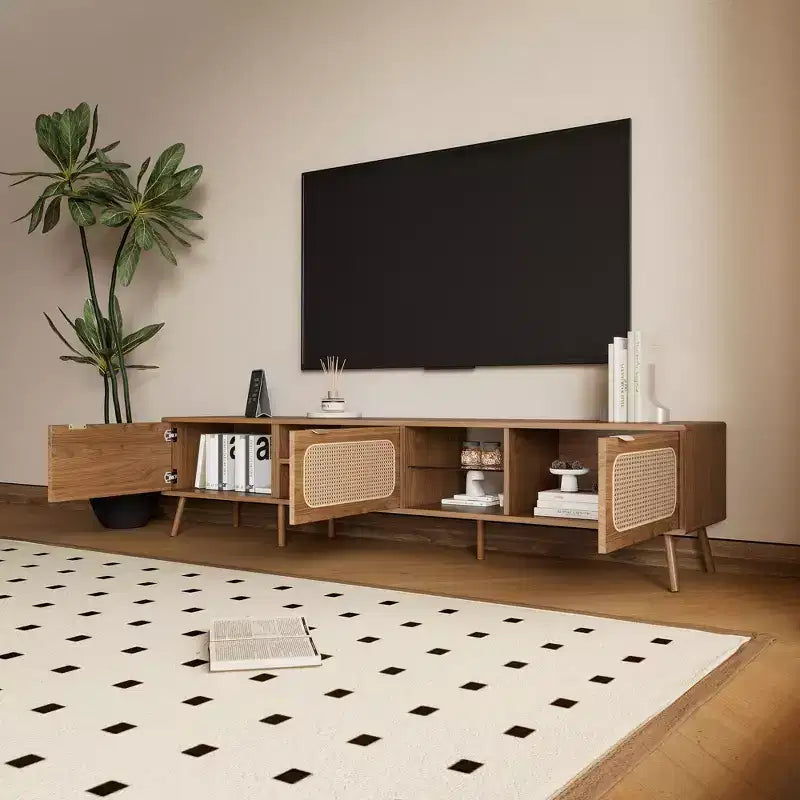 Meuble TV couleur noyer de 198 cm pour téléviseurs de 75/80/85 pouces, meuble de divertissement avec étagère ouverte pour salon et chambre à coucher