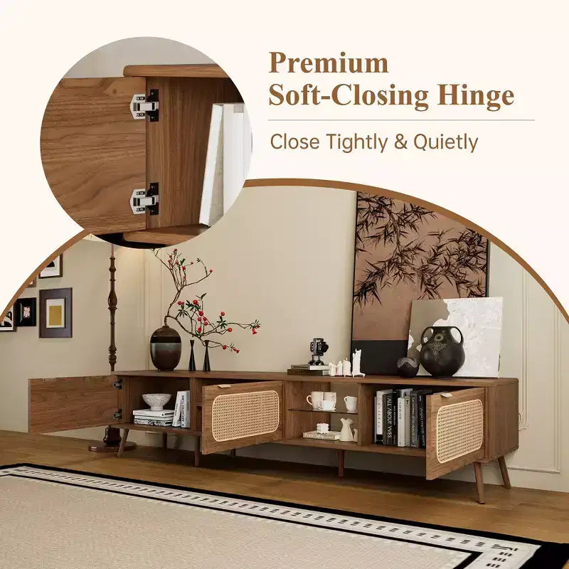 Meuble TV couleur noyer de 198 cm pour téléviseurs de 75/80/85 pouces, meuble de divertissement avec étagère ouverte pour salon et chambre à coucher