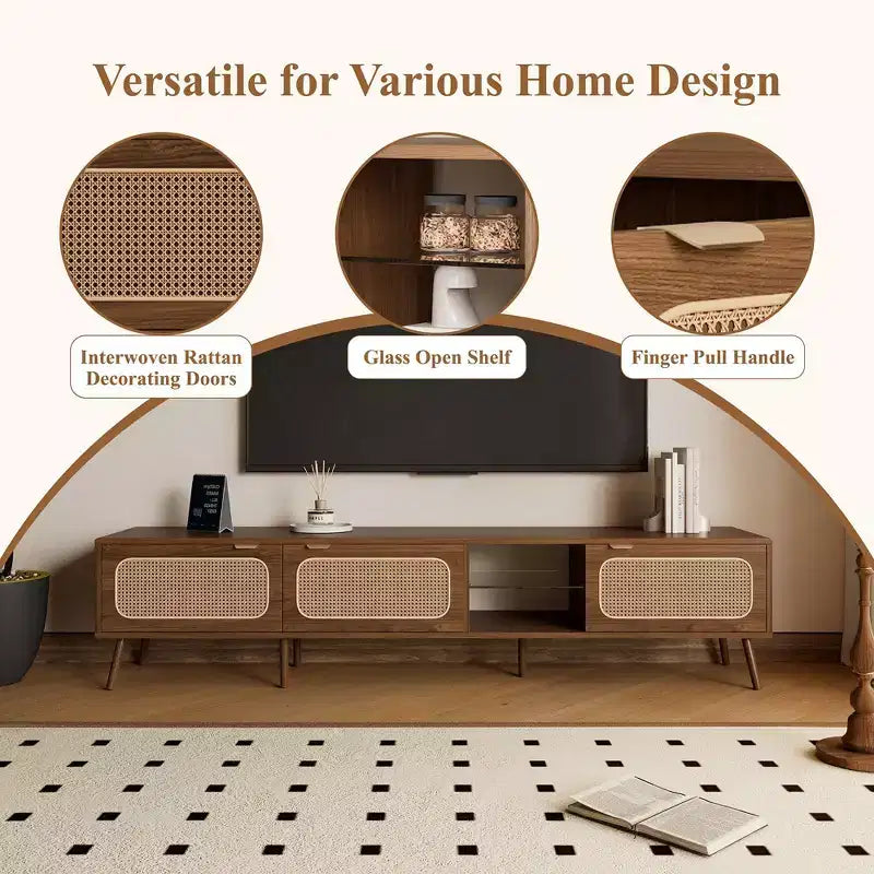 Meuble TV couleur noyer de 198 cm pour téléviseurs de 75/80/85 pouces, meuble de divertissement avec étagère ouverte pour salon et chambre à coucher