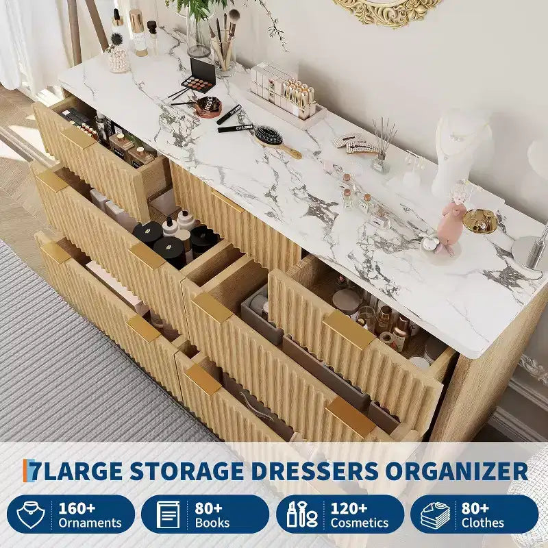 Commode Acekool Wave Design à 7 tiroirs, meuble de rangement cannelé pour chambre à coucher, salon