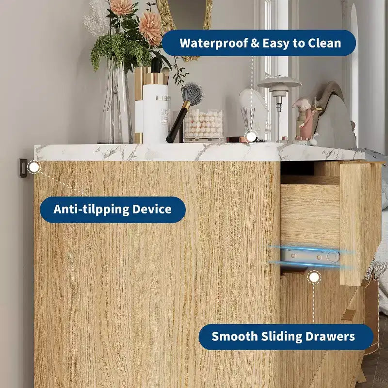 Commode Acekool Wave Design à 7 tiroirs, meuble de rangement cannelé pour chambre à coucher, salon