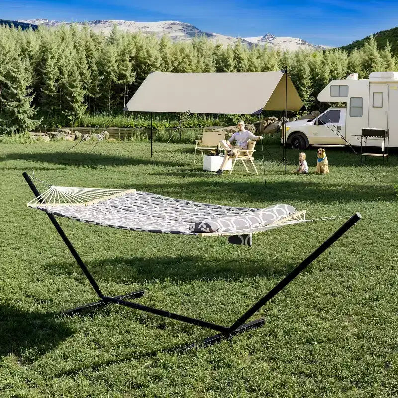 Hamac en bois double en forme de V, version épaissie pour la maison et l'extérieur, hamac de jardin portable avec cadre en acier, grand hamac double
