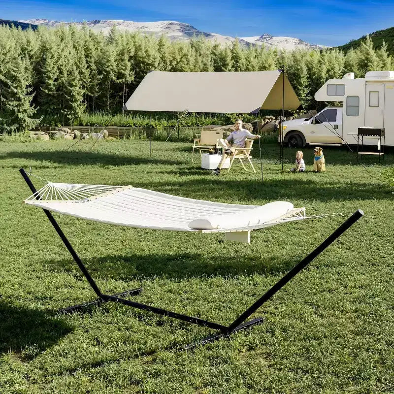 Hamac en bois double en forme de V, version épaissie pour la maison et l'extérieur, hamac de jardin portable avec cadre en acier, grand hamac double
