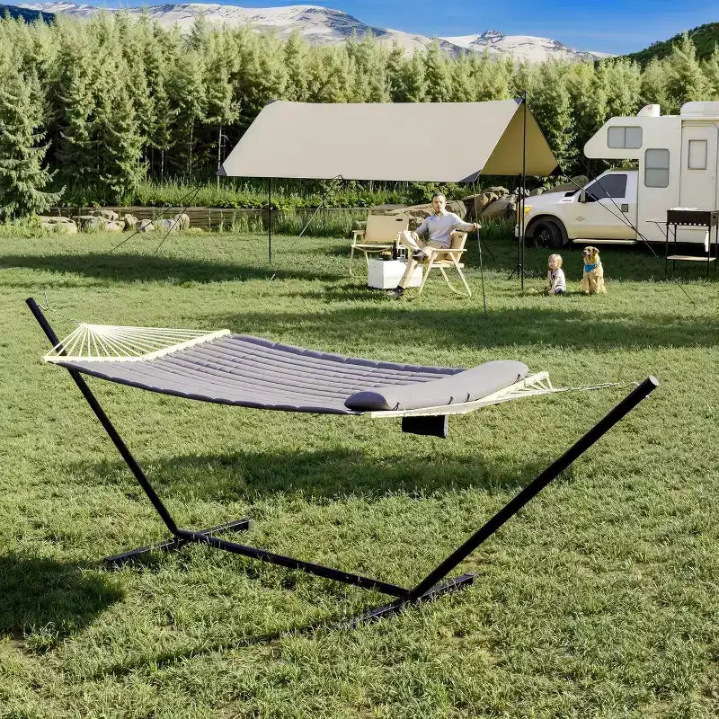 Hamac en bois double en forme de V, version épaissie pour la maison et l'extérieur, hamac de jardin portable avec cadre en acier, grand hamac double