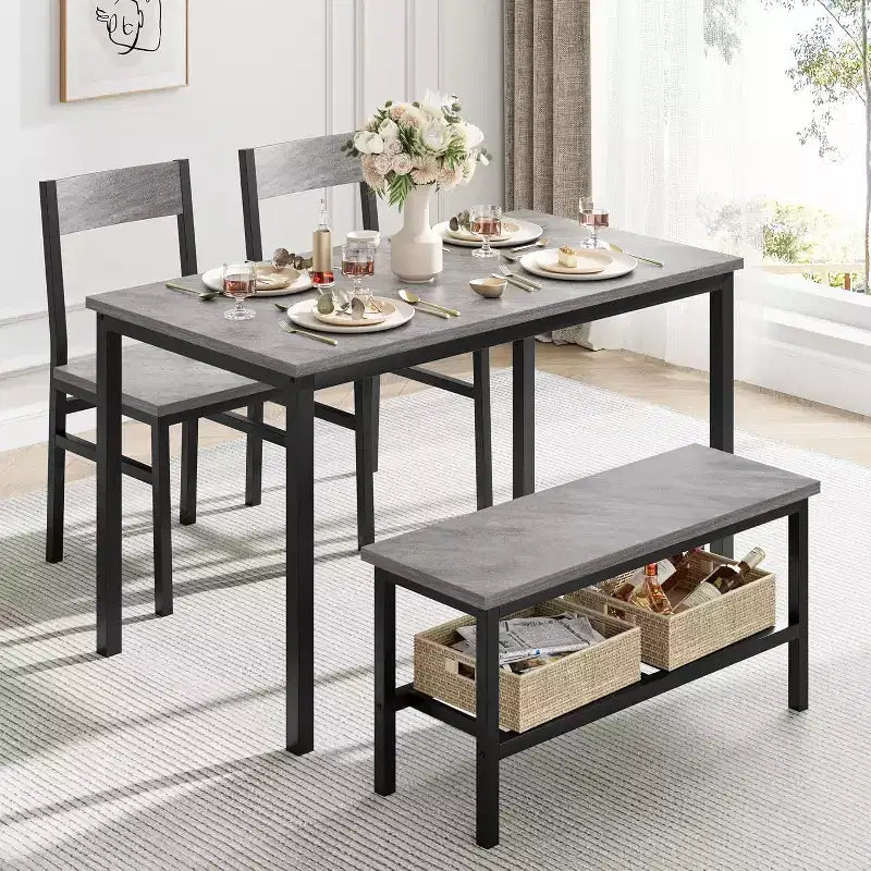 Dining Table Set for 4 with Bench, Kitchen Table Set with Bench, Dining Room with Storage Racks