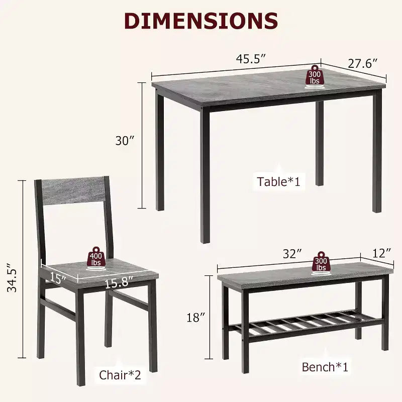 Ensemble table à manger pour 4 avec banc, ensemble table de cuisine avec banc, salle à manger avec étagères de rangement
