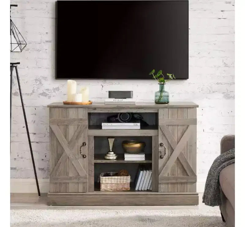 MDF Farmhouse Media Console - Vintage Entertainment Stand with Open & Closed Storage, Fits Under 50-Inch TVs