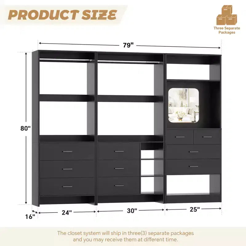 Besiost Système de rangement pour dressing avec 3 tiroirs en bois, armoire autoportante de 79 pouces avec tringles à vêtements et miroir