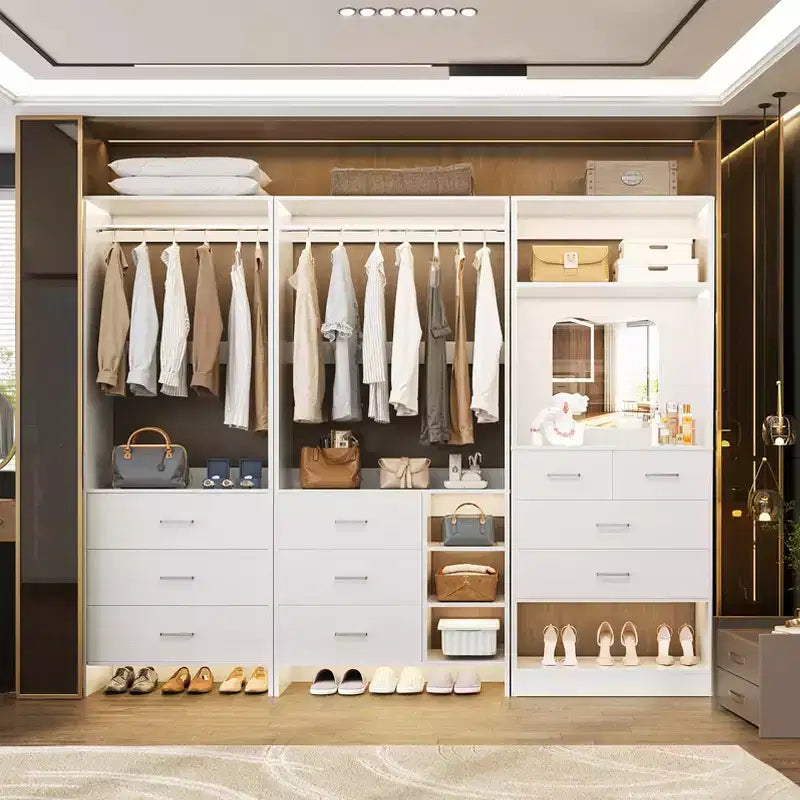 Besiost Système de rangement pour dressing avec 3 tiroirs en bois, armoire autoportante de 79 pouces avec tringles à vêtements et miroir
