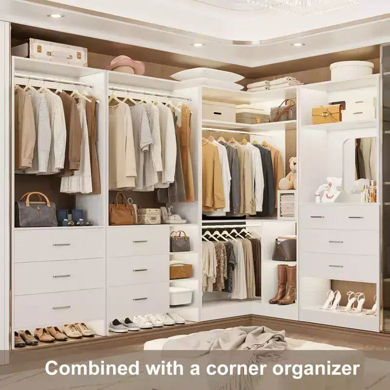 Besiost Système de rangement pour dressing avec 3 tiroirs en bois, armoire autoportante de 79 pouces avec tringles à vêtements et miroir