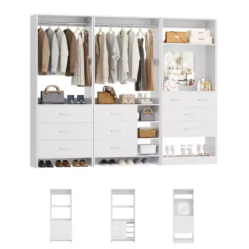 Besiost Système de rangement pour dressing avec 3 tiroirs en bois, armoire autoportante de 79 pouces avec tringles à vêtements et miroir