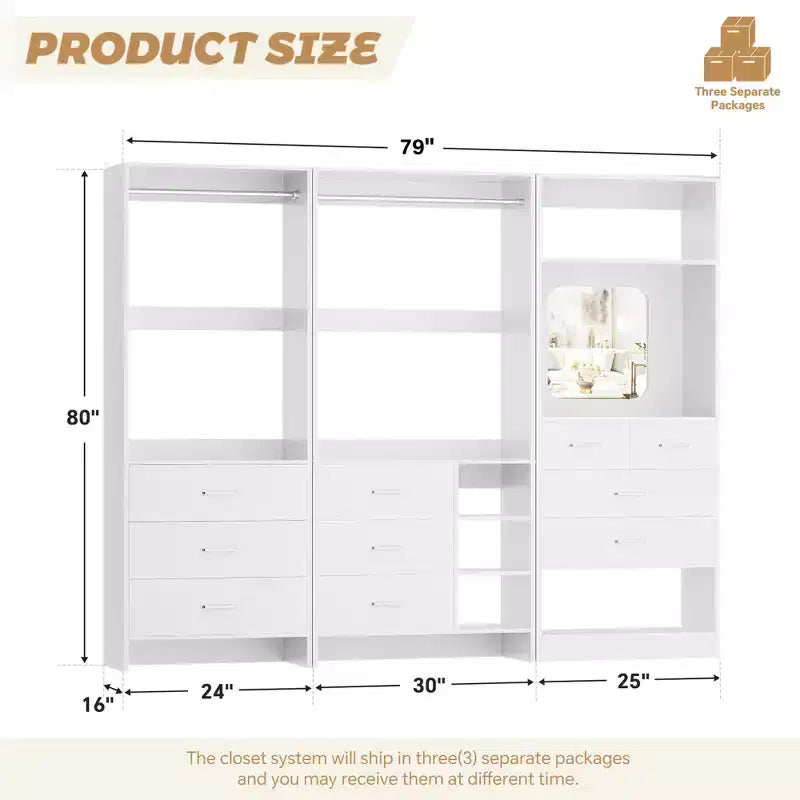 Besiost Système de rangement pour dressing avec 3 tiroirs en bois, armoire autoportante de 79 pouces avec tringles à vêtements et miroir