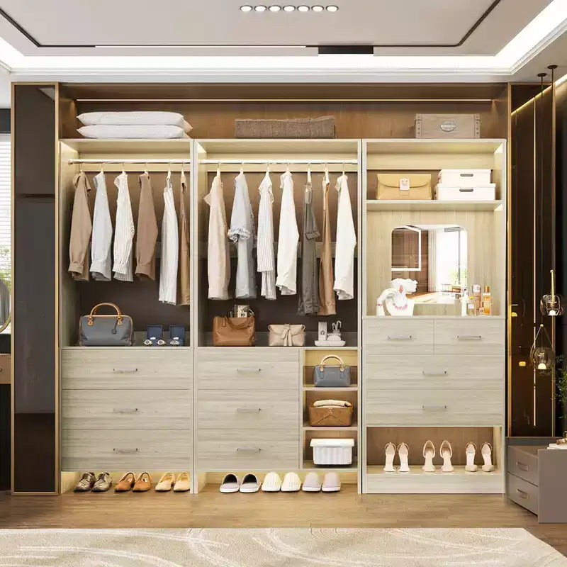 Besiost Système de rangement pour dressing avec 3 tiroirs en bois, armoire autoportante de 79 pouces avec tringles à vêtements et miroir