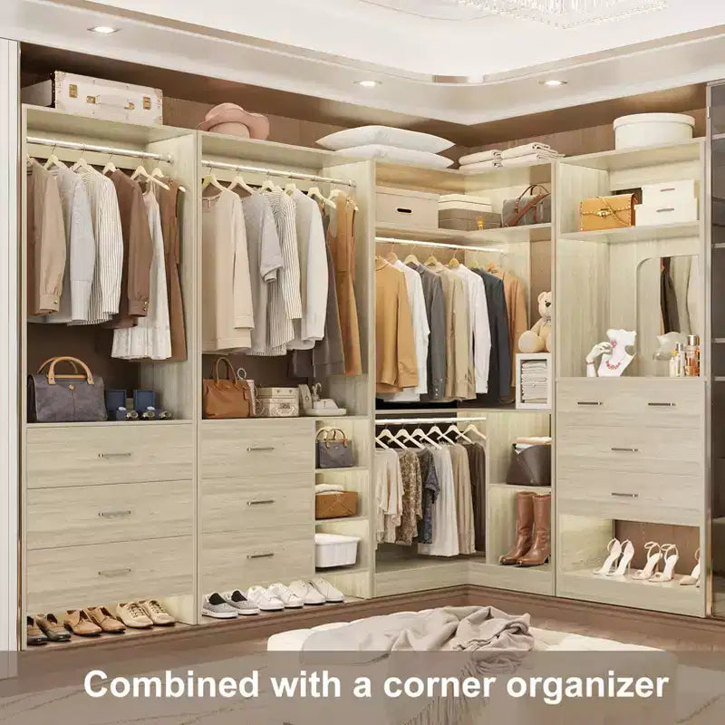Besiost Système de rangement pour dressing avec 3 tiroirs en bois, armoire autoportante de 79 pouces avec tringles à vêtements et miroir