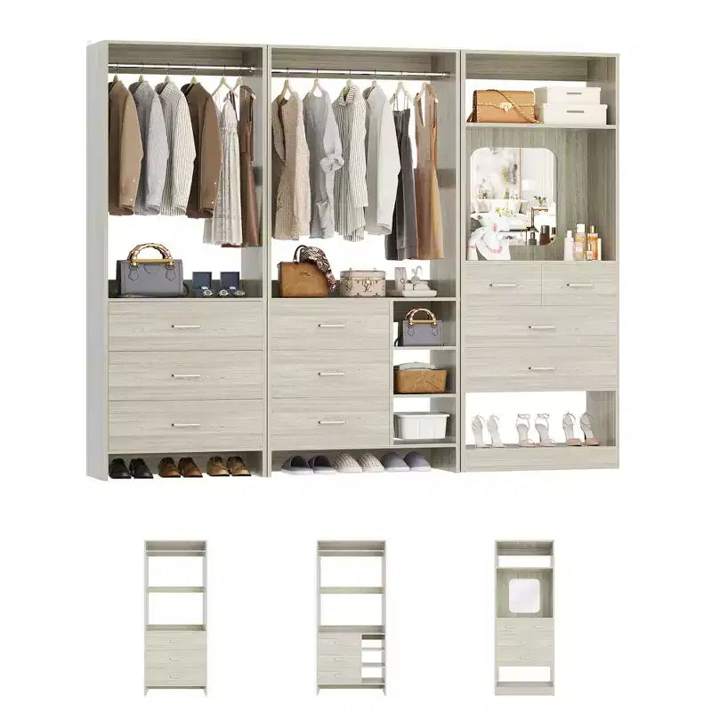 Besiost Système de rangement pour dressing avec 3 tiroirs en bois, armoire autoportante de 79 pouces avec tringles à vêtements et miroir
