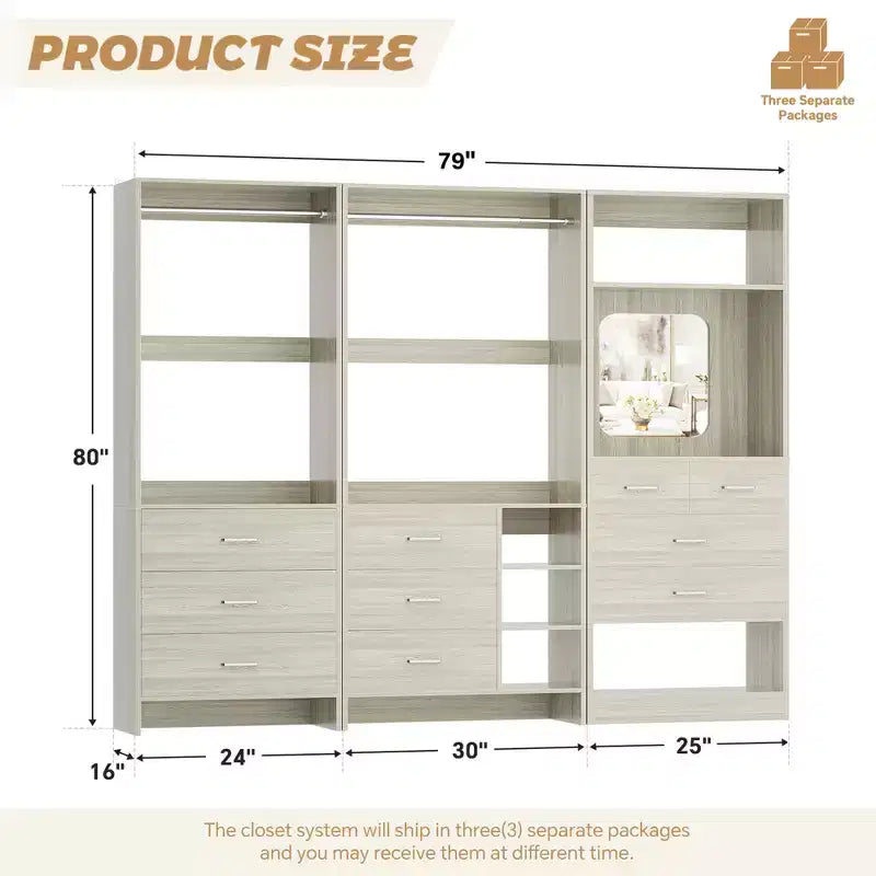 Besiost Système de rangement pour dressing avec 3 tiroirs en bois, armoire autoportante de 79 pouces avec tringles à vêtements et miroir