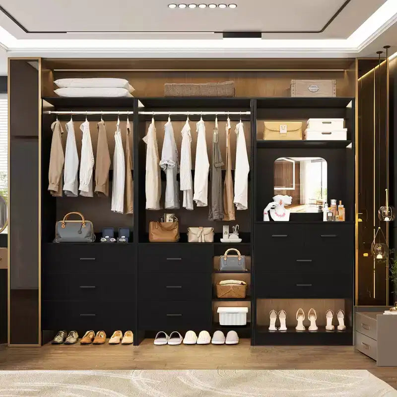 Besiost Système de rangement pour dressing avec 3 tiroirs en bois, armoire autoportante de 79 pouces avec tringles à vêtements et miroir