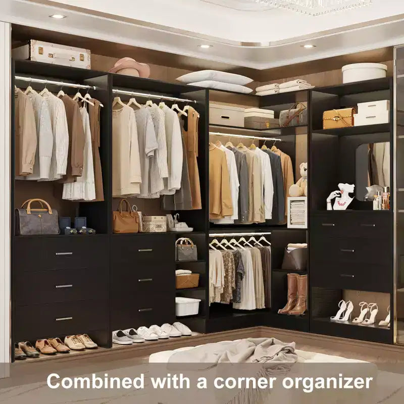 Besiost Système de rangement pour dressing avec 3 tiroirs en bois, armoire autoportante de 79 pouces avec tringles à vêtements et miroir