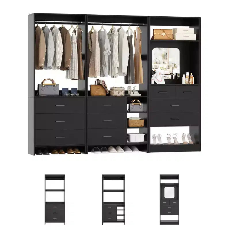 Besiost Système de rangement pour dressing avec 3 tiroirs en bois, armoire autoportante de 79 pouces avec tringles à vêtements et miroir