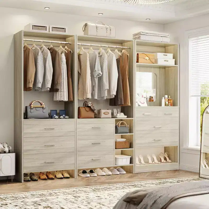 Besiost Set of 3 Closet Organizer System with Wood Drawers, 79-In Freestanding Wardrobe with Hanging Rods and Mirror