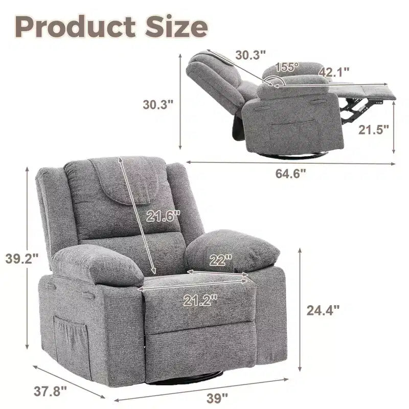 Fauteuil Inclinable Berçant Pivotant pour Adultes avec Massage et Chauffage, Fauteuil de Maternité Glider en Lin Grande Taille avec Assise Profonde et Dossier Haut