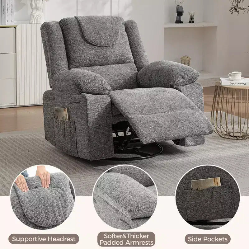 Fauteuil Inclinable Berçant Pivotant pour Adultes avec Massage et Chauffage, Fauteuil de Maternité Glider en Lin Grande Taille avec Assise Profonde et Dossier Haut