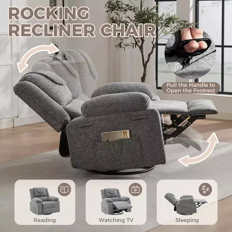 Fauteuil Inclinable Berçant Pivotant pour Adultes avec Massage et Chauffage, Fauteuil de Maternité Glider en Lin Grande Taille avec Assise Profonde et Dossier Haut