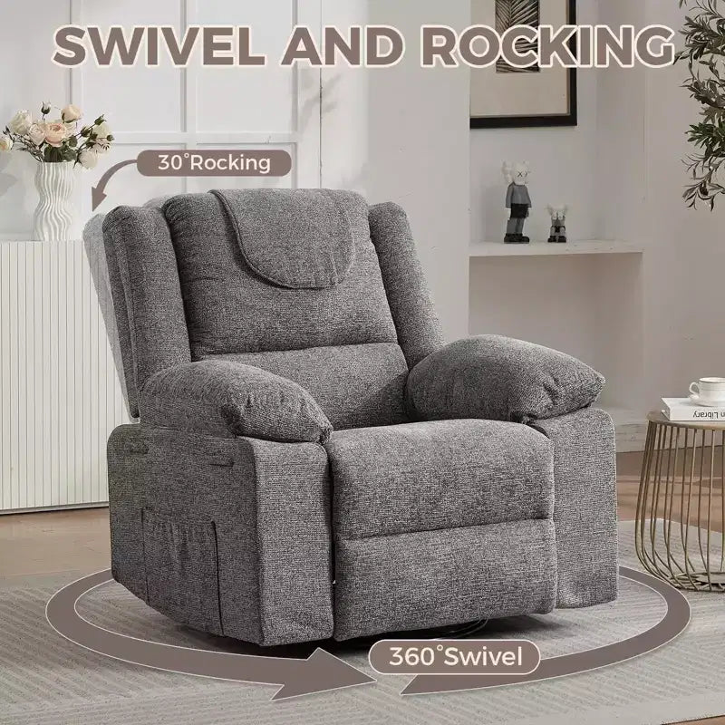 Fauteuil Inclinable Berçant Pivotant pour Adultes avec Massage et Chauffage, Fauteuil de Maternité Glider en Lin Grande Taille avec Assise Profonde et Dossier Haut