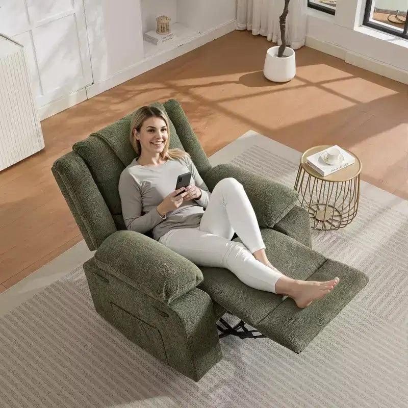 Fauteuil Inclinable Berçant Pivotant pour Adultes avec Massage et Chauffage, Fauteuil de Maternité Glider en Lin Grande Taille avec Assise Profonde et Dossier Haut
