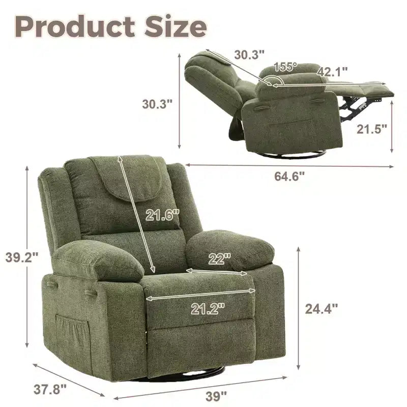 Fauteuil Inclinable Berçant Pivotant pour Adultes avec Massage et Chauffage, Fauteuil de Maternité Glider en Lin Grande Taille avec Assise Profonde et Dossier Haut
