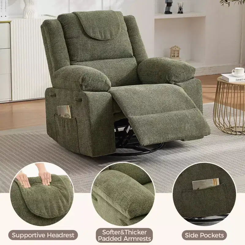 Fauteuil Inclinable Berçant Pivotant pour Adultes avec Massage et Chauffage, Fauteuil de Maternité Glider en Lin Grande Taille avec Assise Profonde et Dossier Haut