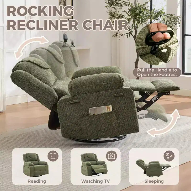 Fauteuil Inclinable Berçant Pivotant pour Adultes avec Massage et Chauffage, Fauteuil de Maternité Glider en Lin Grande Taille avec Assise Profonde et Dossier Haut