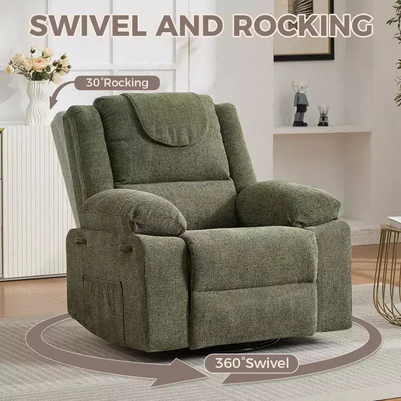 Fauteuil Inclinable Berçant Pivotant pour Adultes avec Massage et Chauffage, Fauteuil de Maternité Glider en Lin Grande Taille avec Assise Profonde et Dossier Haut