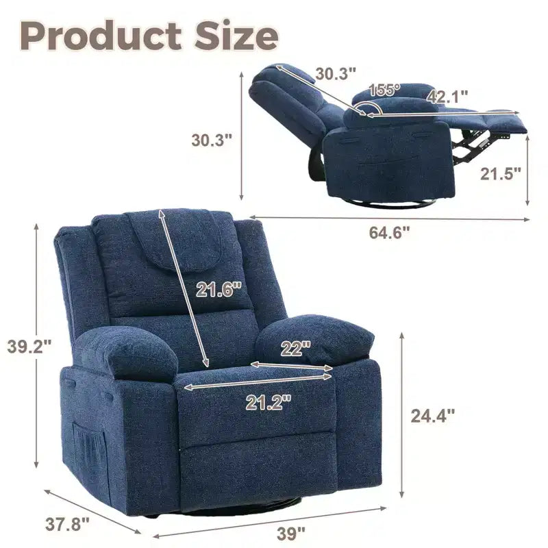 Fauteuil Inclinable Berçant Pivotant pour Adultes avec Massage et Chauffage, Fauteuil de Maternité Glider en Lin Grande Taille avec Assise Profonde et Dossier Haut