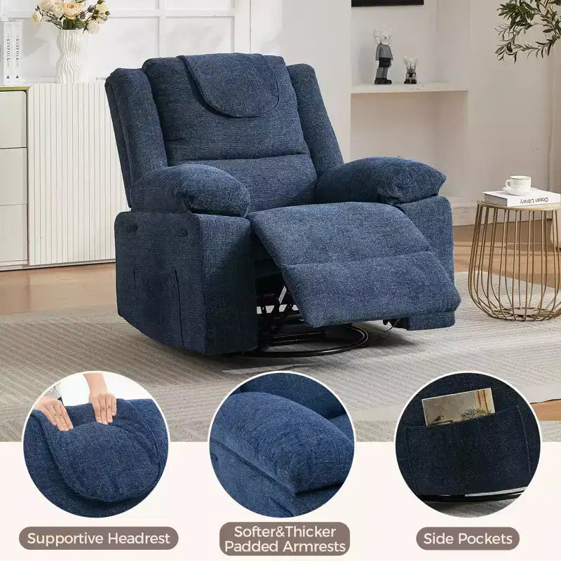 Fauteuil Inclinable Berçant Pivotant pour Adultes avec Massage et Chauffage, Fauteuil de Maternité Glider en Lin Grande Taille avec Assise Profonde et Dossier Haut