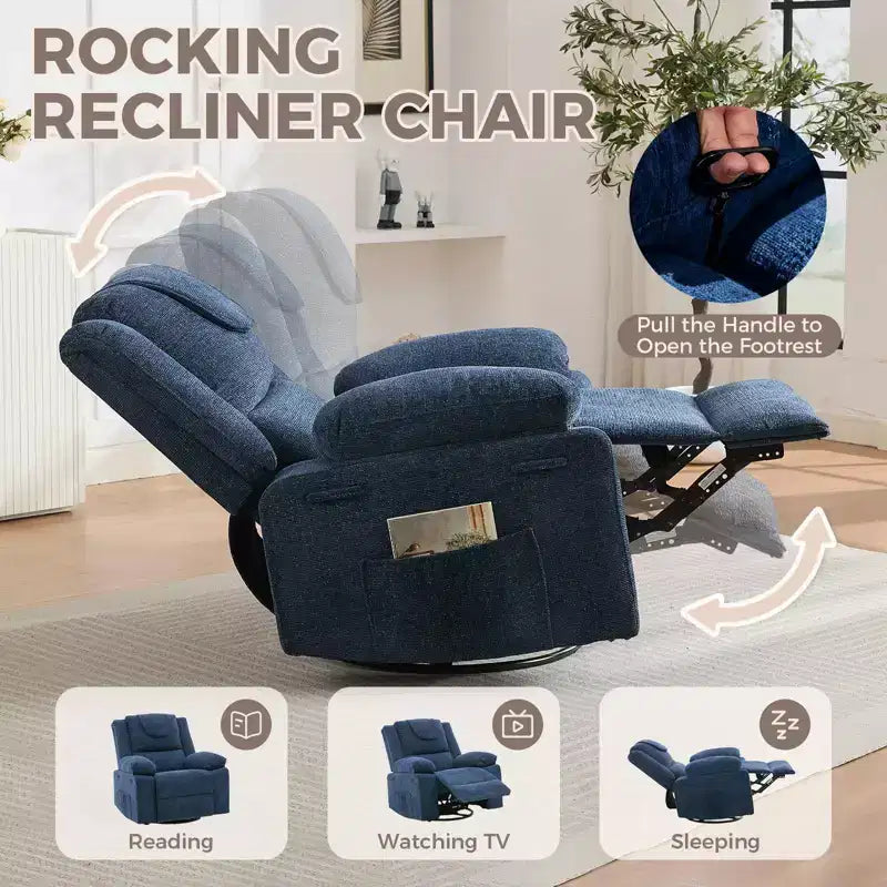 Fauteuil Inclinable Berçant Pivotant pour Adultes avec Massage et Chauffage, Fauteuil de Maternité Glider en Lin Grande Taille avec Assise Profonde et Dossier Haut