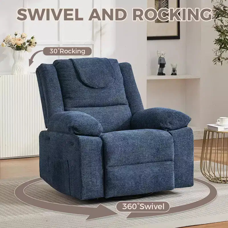 Fauteuil Inclinable Berçant Pivotant pour Adultes avec Massage et Chauffage, Fauteuil de Maternité Glider en Lin Grande Taille avec Assise Profonde et Dossier Haut
