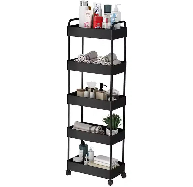5-Tier Slim Storage Trolley on Wheels, Plastic Slide Out Rolling Utility Cart with Handle, Mobile Shelving Unit, Narrow Shelf Unit Storage Rack, Black